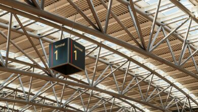 Modern airport terminal interior with comfortable seating and natural lighting