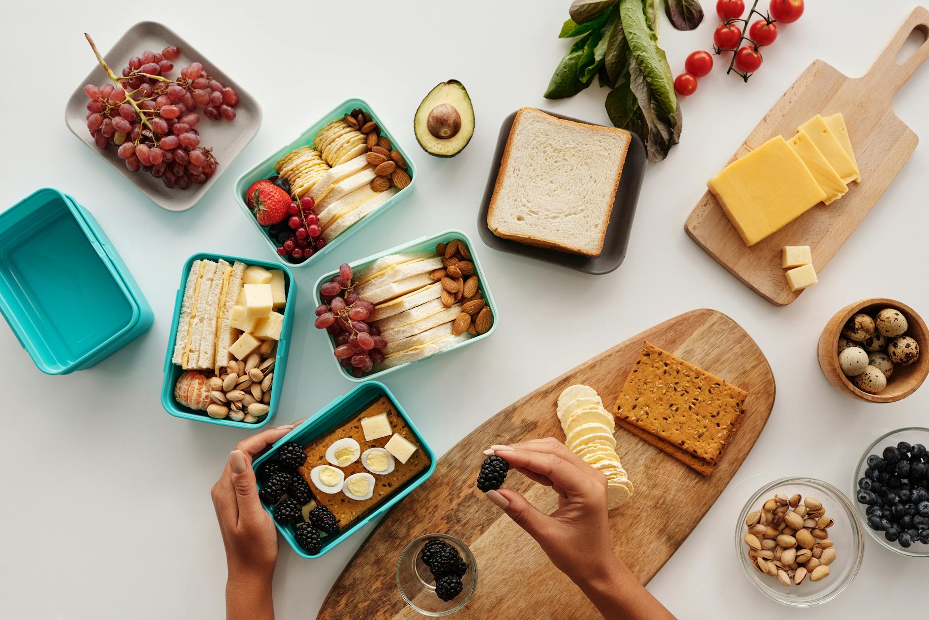 Professional meal prep containers with balanced, healthy meals arranged on a kitchen counter