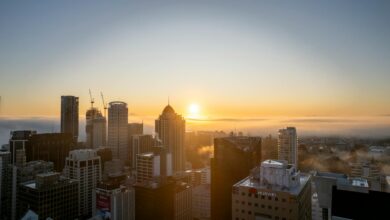 Early morning business district with golden sunlight streaming between office buildings