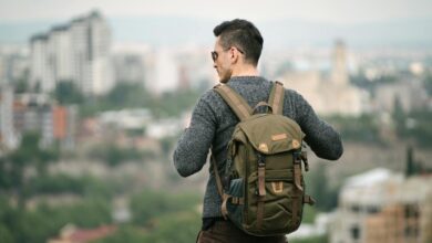 Essential travel gear and backpack laid out for solo female traveler preparation