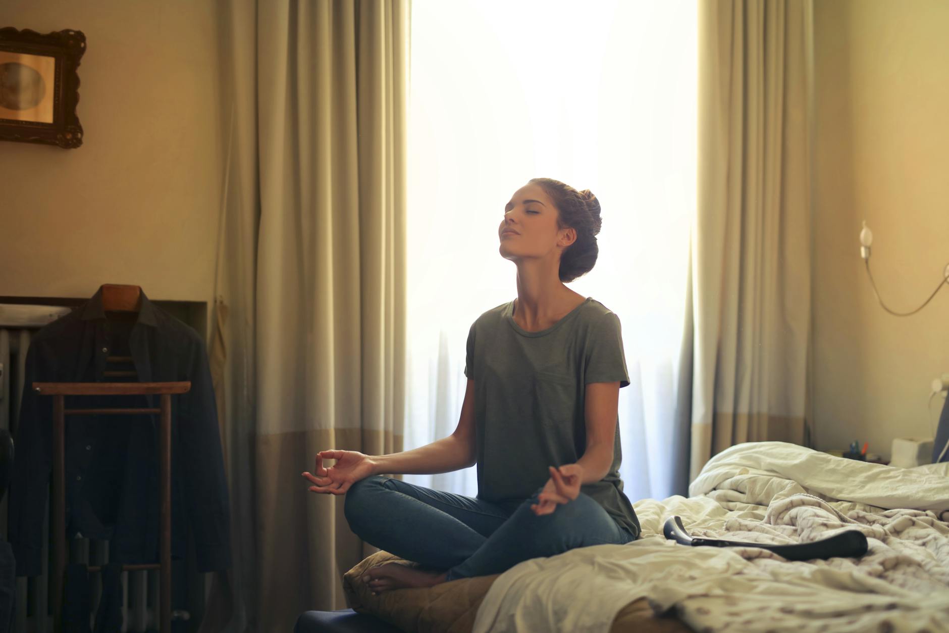 Peaceful meditation room with soft lighting and minimalist design