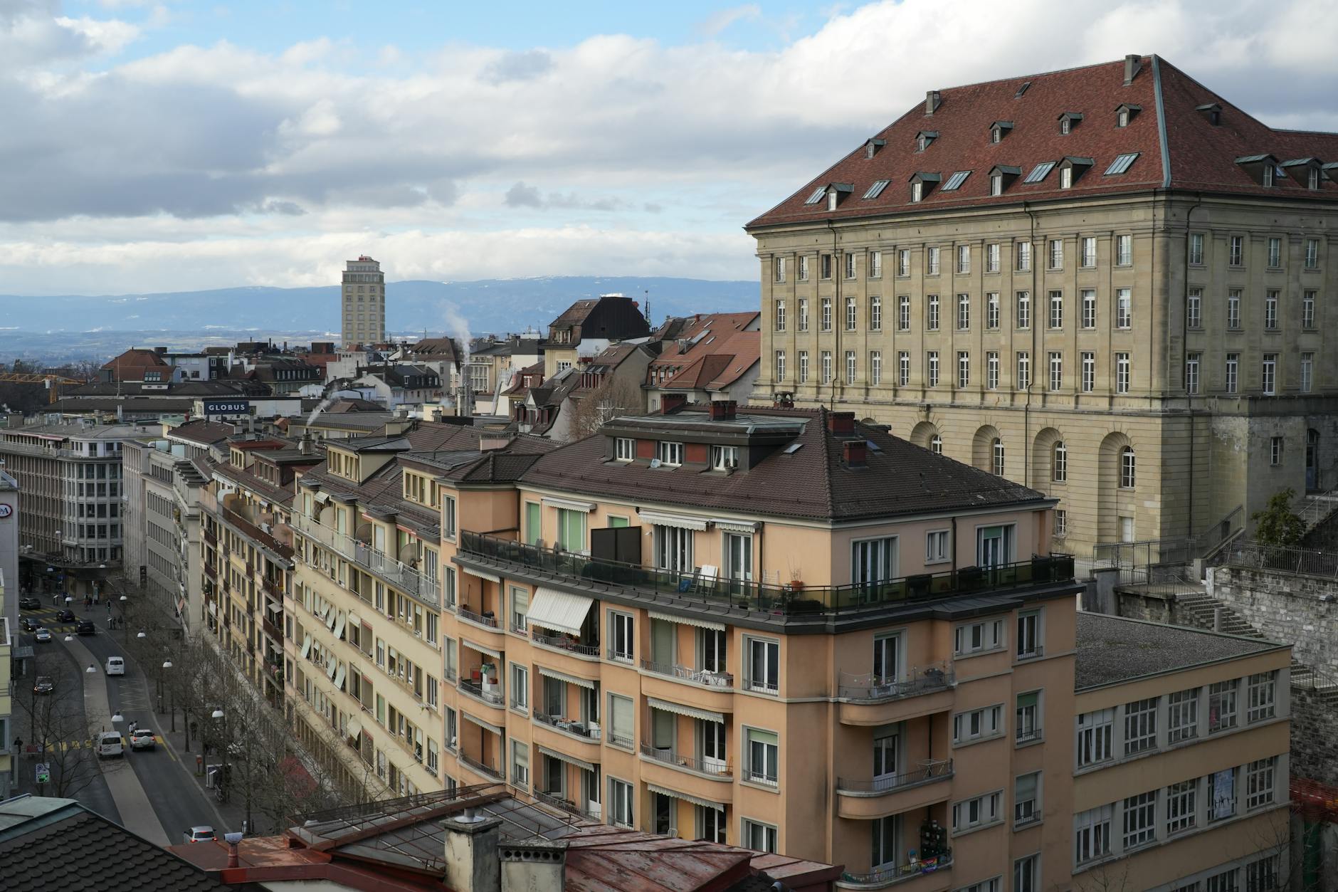Scenic European city street view with historic architecture and modern elements