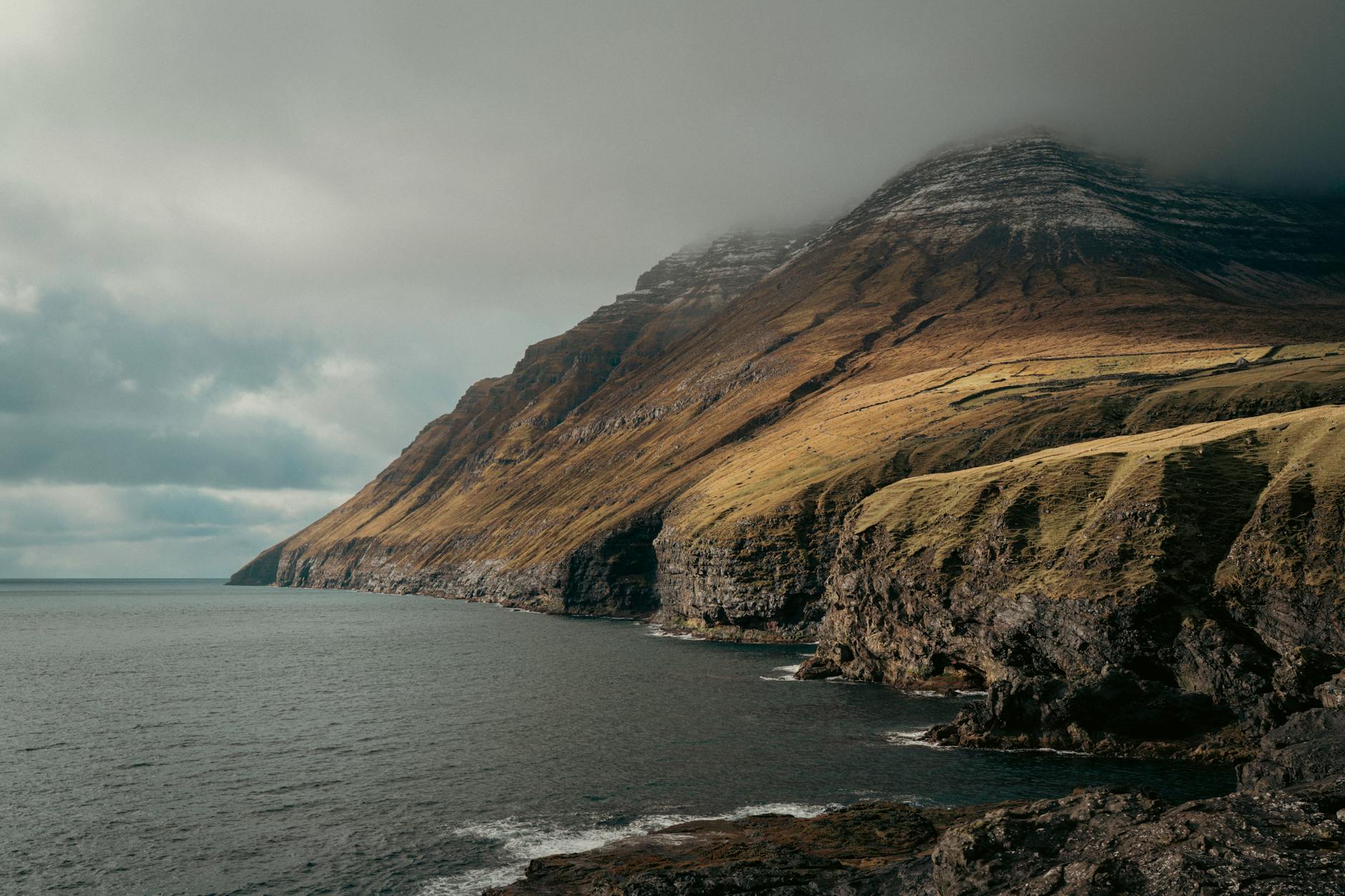 Dramatic green cliffs and ocean coastline of the Faroe Islands on a cloudy day