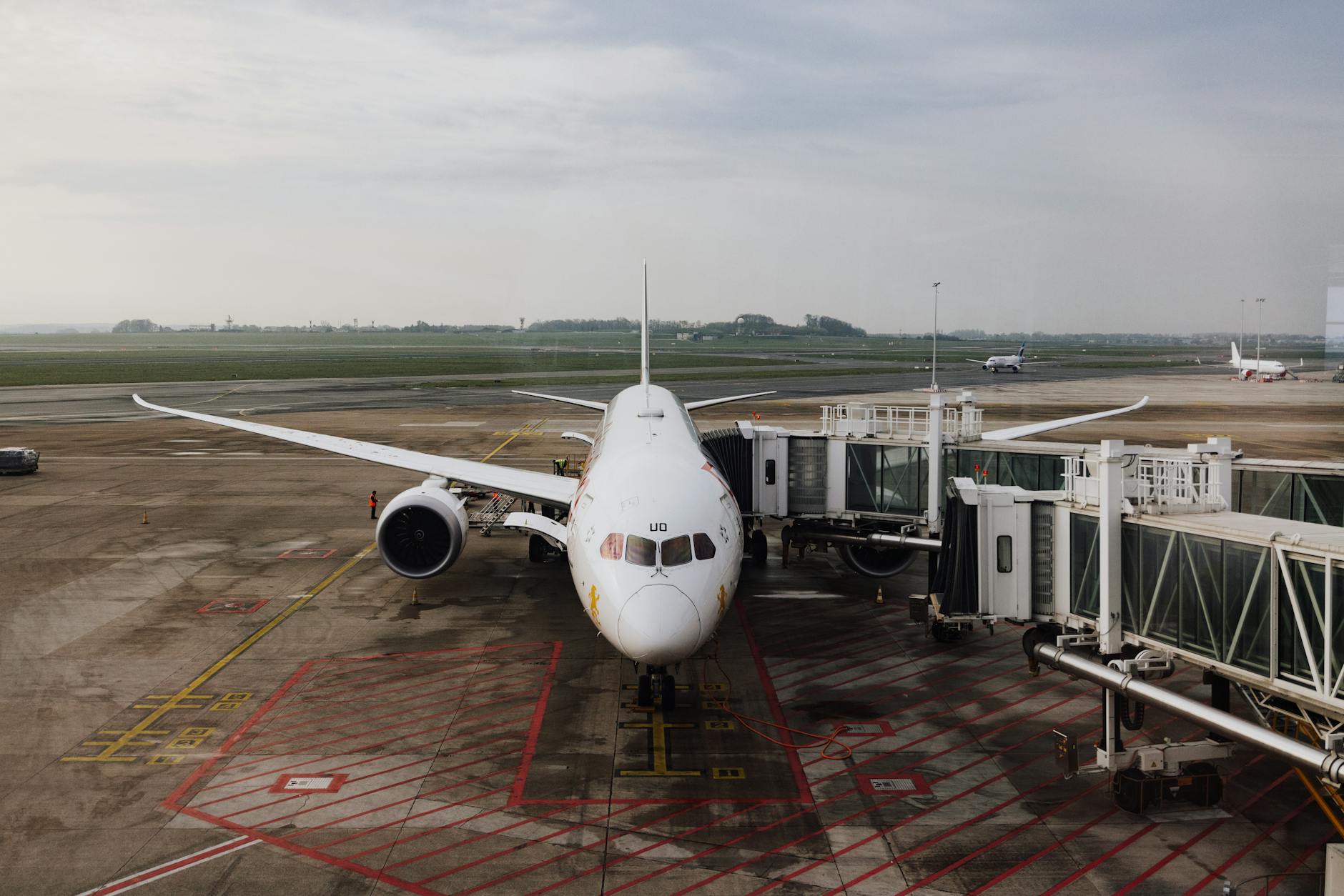 Passengers standing in organized boarding lines at airport gate with airline staff