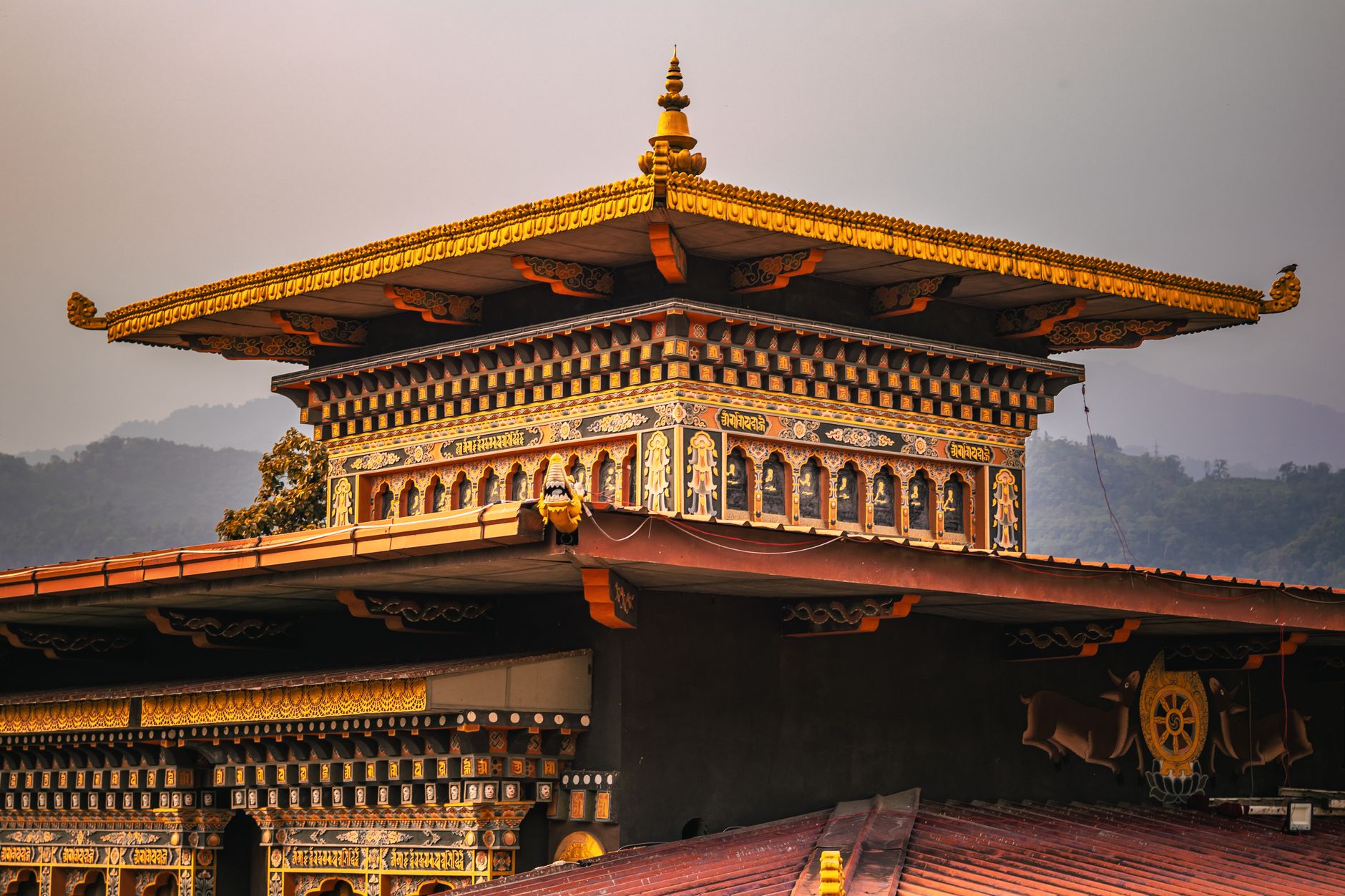 Ancient whitewashed Buddhist temple surrounded by pine trees in a Himalayan valley