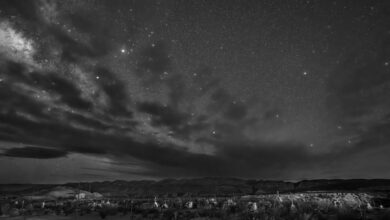 Starry night sky over the Atacama Desert with the Milky Way visible above a dry landscape