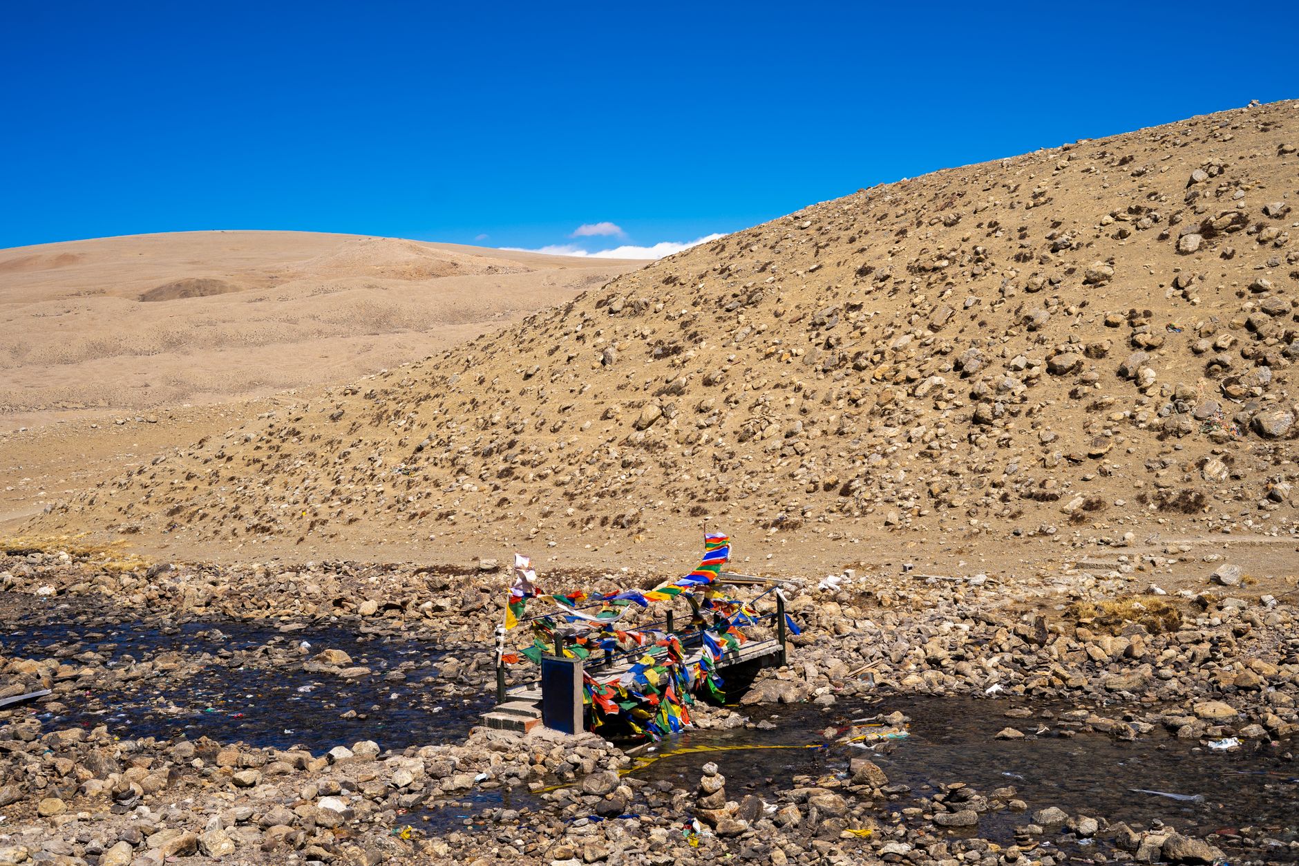 Dense clusters of colorful prayer flags at a high-altitude mountain pass under open sky
