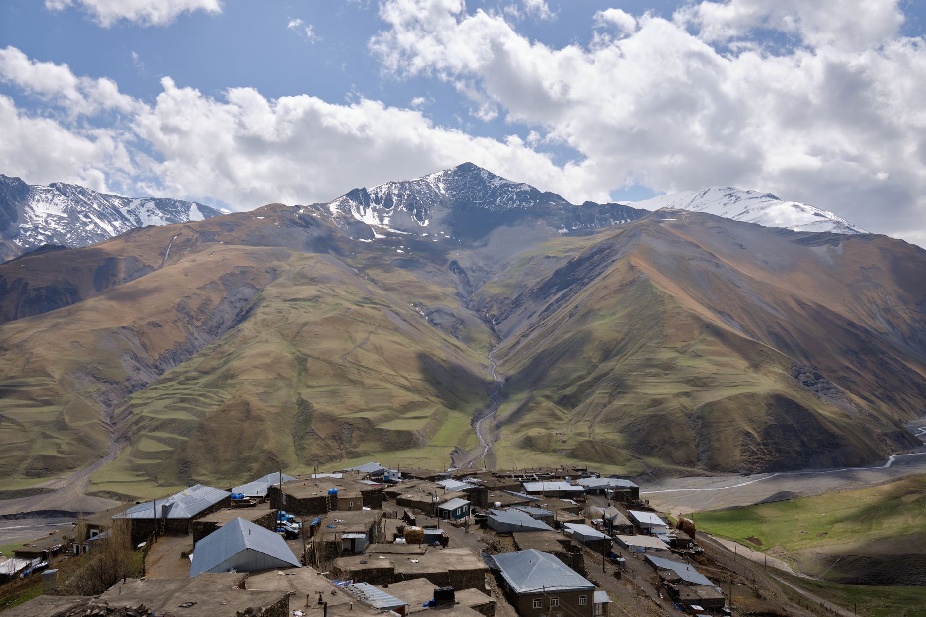 Stone towers and traditional houses in a remote mountain village in the Caucasus region of Georgia