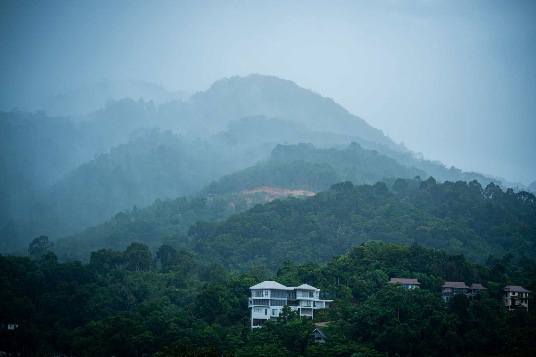 Green fog-covered mountains during monsoon season in southern Oman's Dhofar region